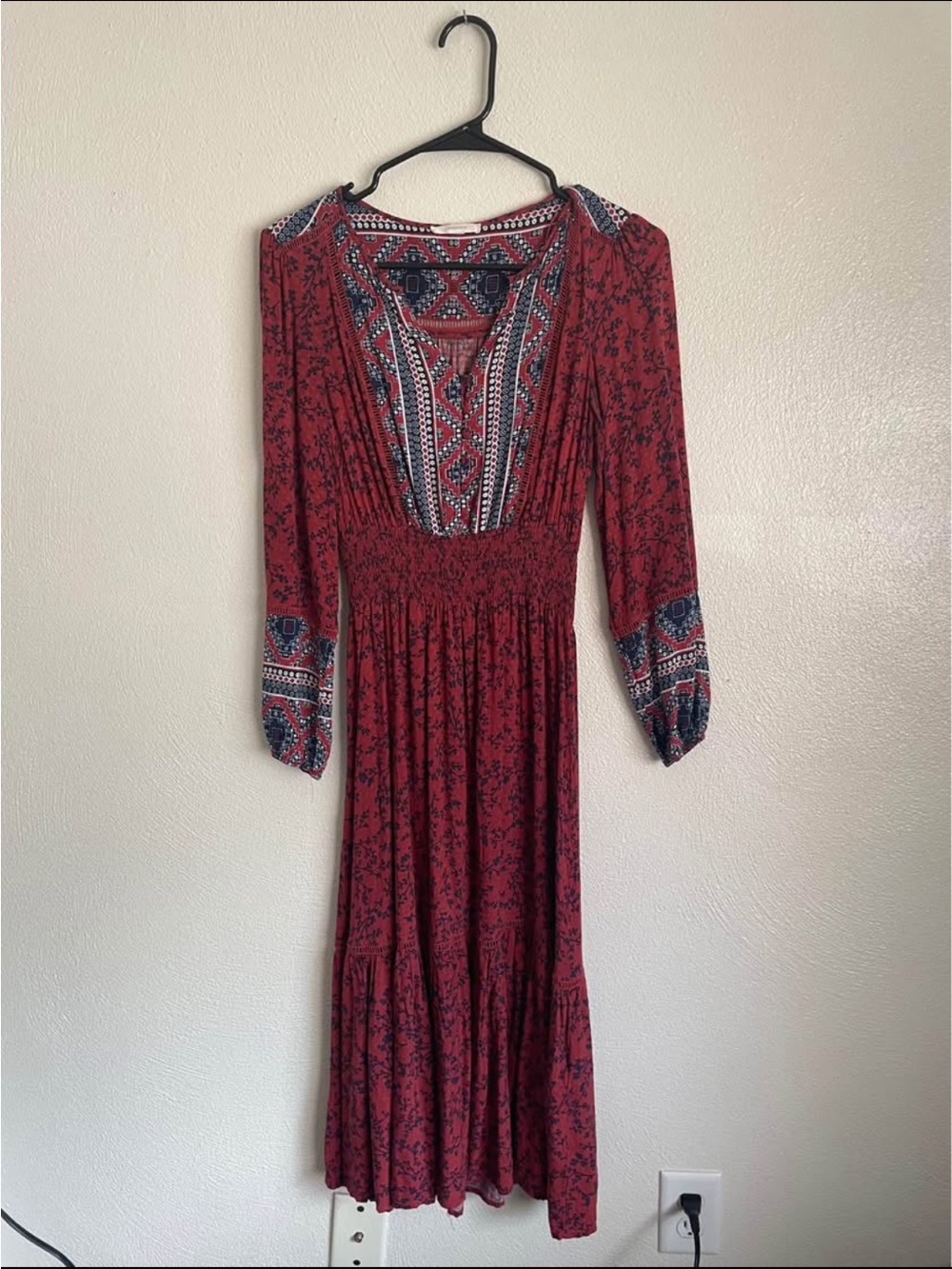 Bohemian Red Printed Midi Dress with Smocked Waist